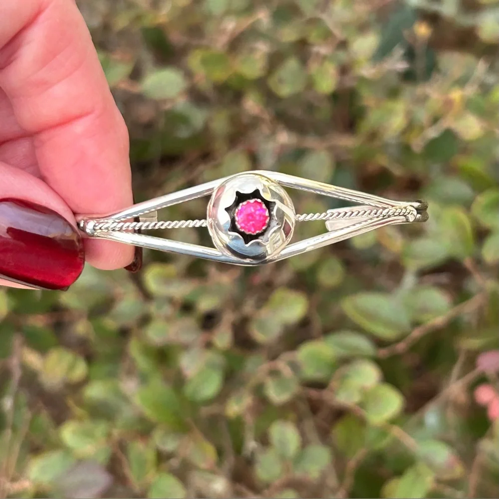 Navajo Hand Made 925 Sterling & Pink Opal Stone Cuff